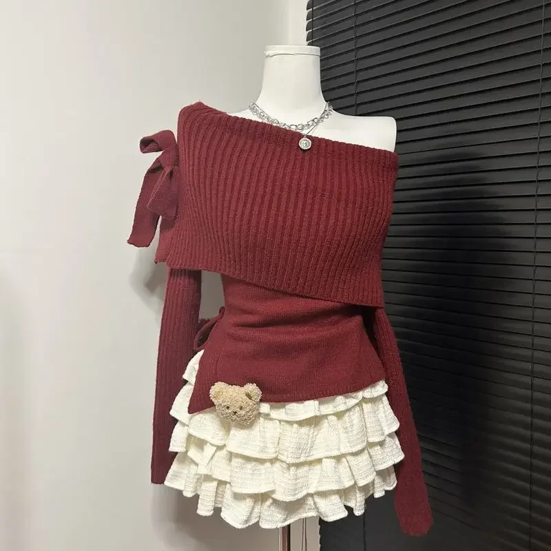 Autumn Winter Solid Sexy Skirt Set Women Korean Fashion Slash Neck Vintage Elegant Bow Sweater A-line Cake Skirts Two-Piece Sets