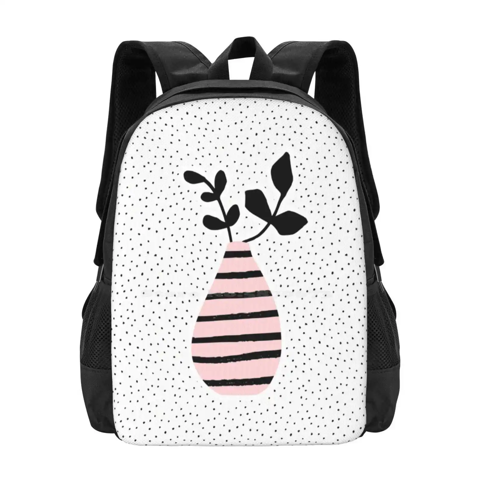 Pink Stripes And Branches Hot Sale Schoolbag Backpack Fashion Bags Vase Branches Leaf Leaves Plant Pattern Dots Hand Drawn