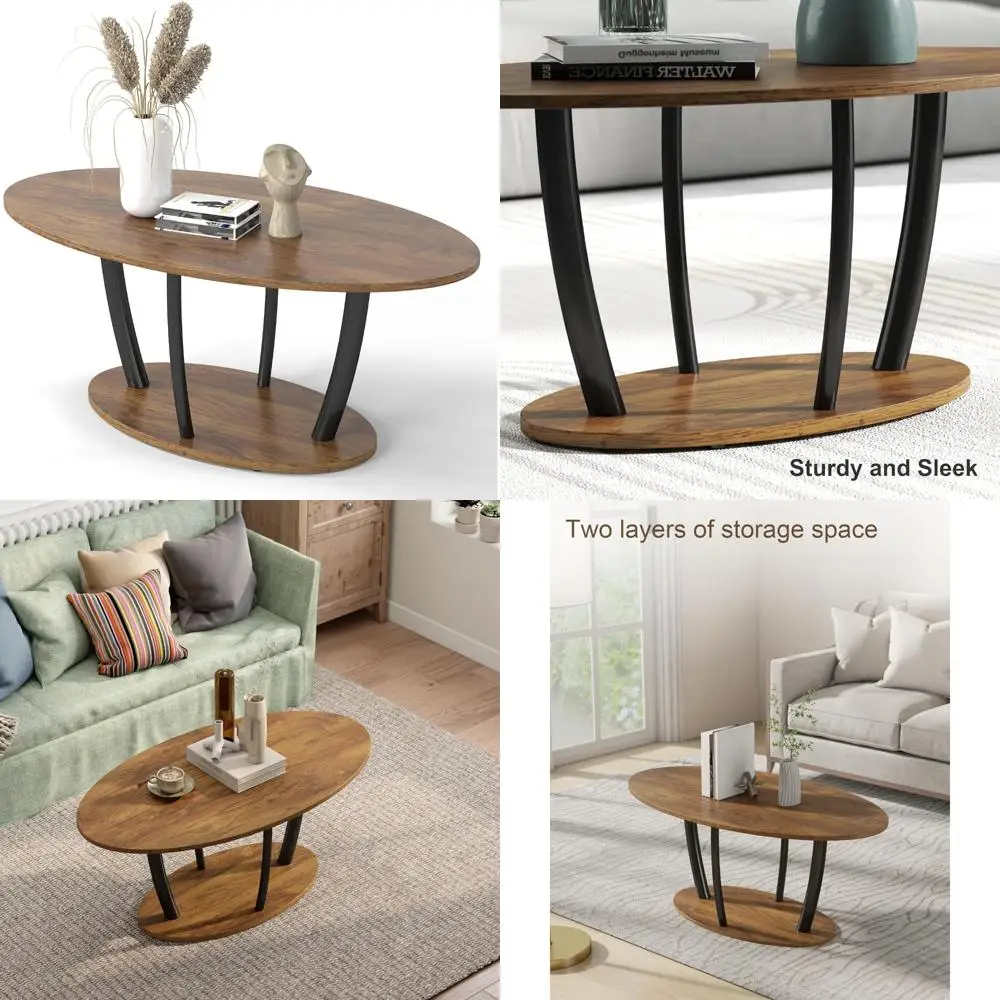 

Rustic Oval Coffee Table for Living Spaces, Slim Wooden Center Table with Storage Shelf, Vintage-Inspired Curved Coffee Table