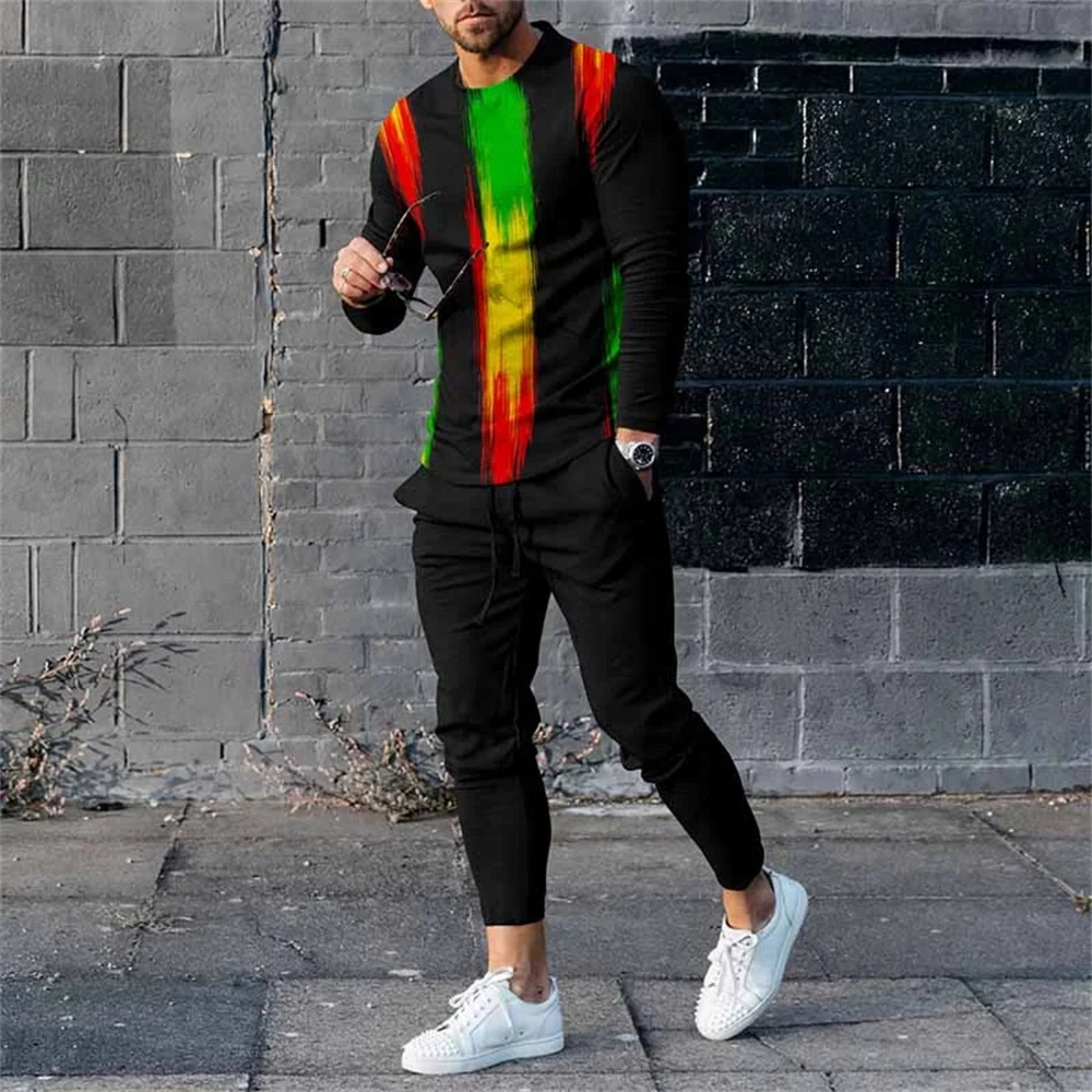 

Осенний винтажный комплект мужской спортивной одежды с 3D сотовым принтом, повседневная футболка с длинными рукавами и брюками, комплект из 2 предметов, костюм унисекс большого размера