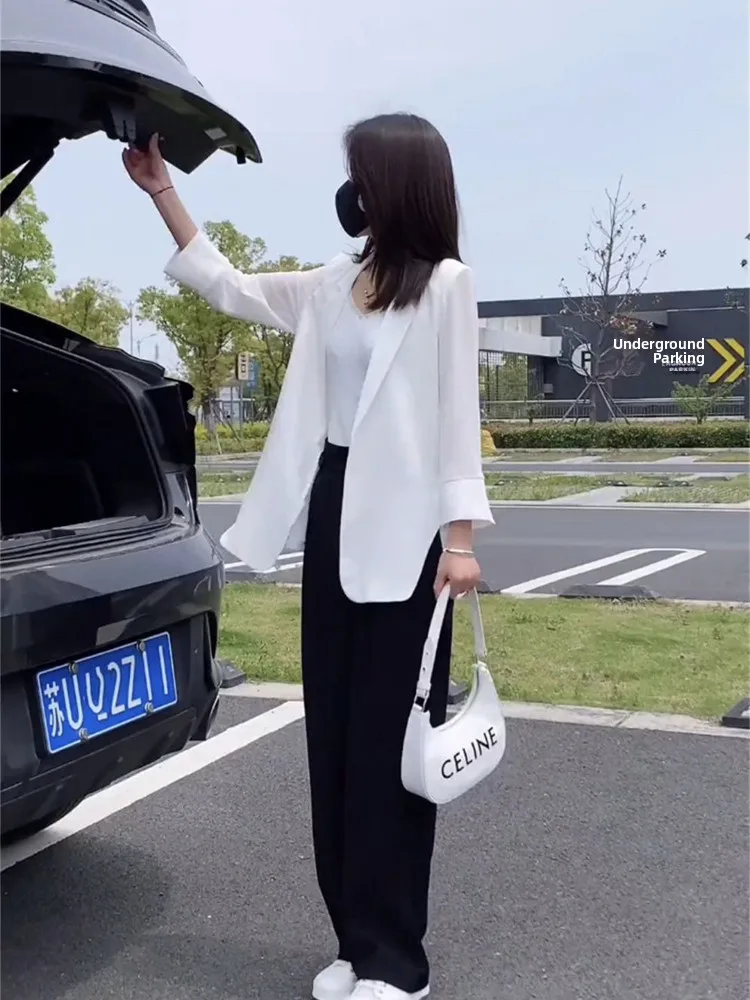 

Стильный однотонный женский летний тонкий шифоновый костюм с драпировкой, модный повседневный комплект для работы, с рукавом три четверти