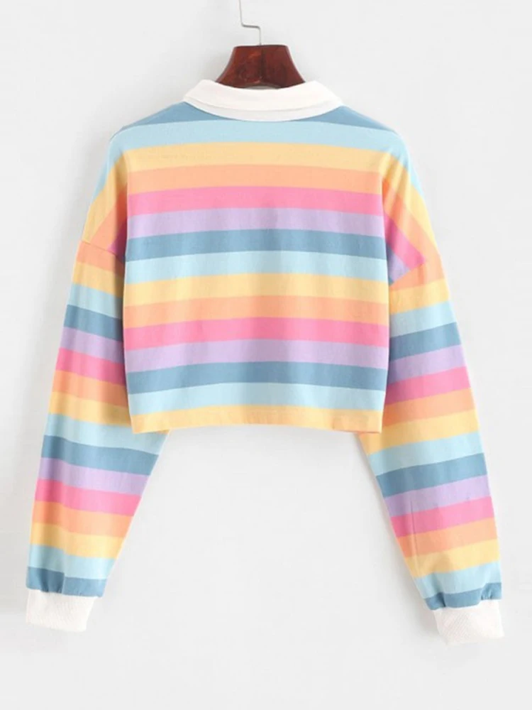 Polo Shirt Women Sweatshirt Long Sleeve Rainbow Color Ladies Hoodies With Button Striped Korean Style Sweatshirt Women