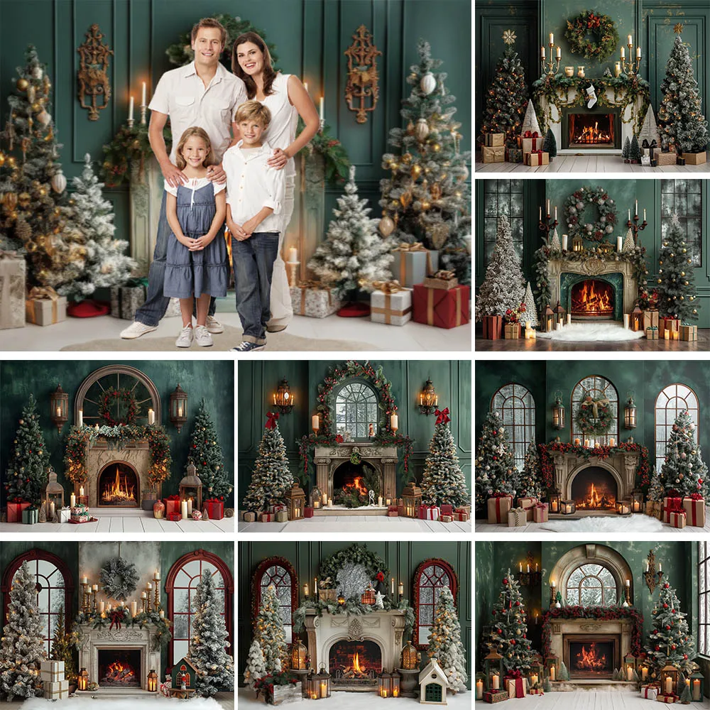 Mocsicka Christmas Fireplace Backdrop for Photography Vintage Green Wall Window Snow Xmas Tree Family Portrait Background Props