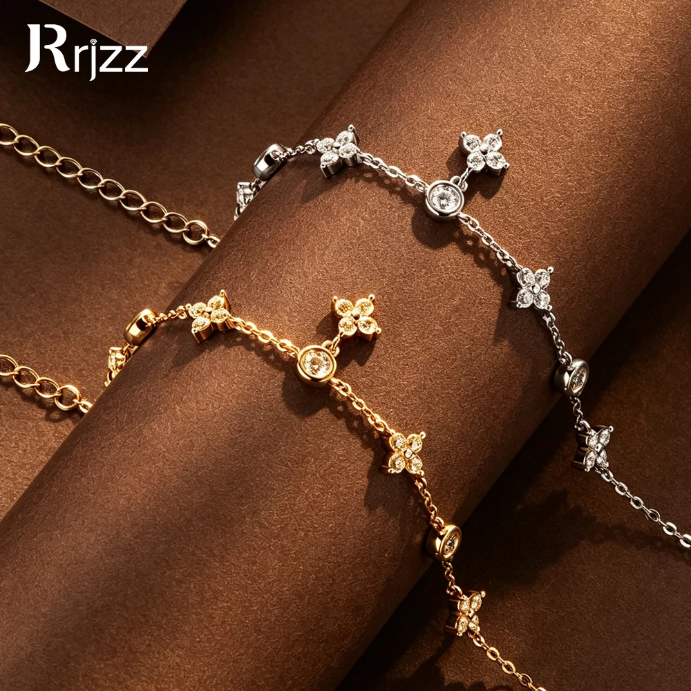 Rrjzz Dainty Flower Charm Bracelet for Women 2mm&3mm D‑Color Round Full Moissanite Adjustable Bracelet Wedding Fine Jewelry Gift