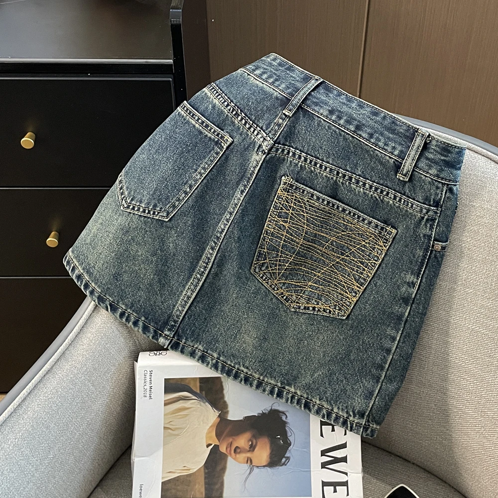 

Юбка джинсовая трапециевидная с контрастной вышивкой, с карманами, с завышенной талией, джинсовая короткая с подкладкой, для девушек, весна-лето