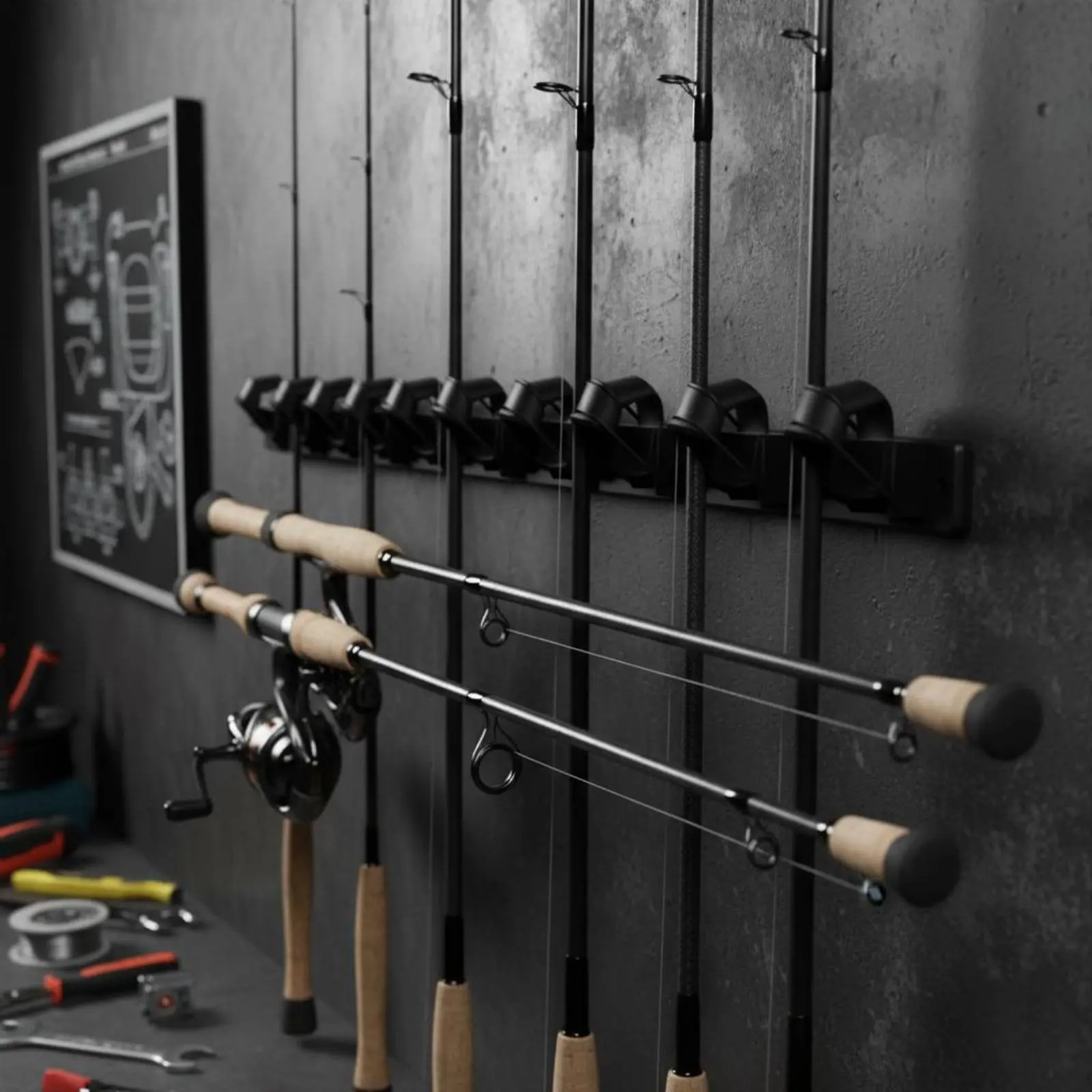 

6 Slots Fishing Rod Rack Clamp Design Ceiling Mounted Rod Rack Space-Saving Easy to Install for Anglers, Tackle Room, Garage