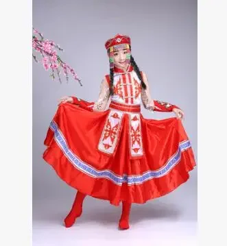 Chinese Mongolian Costume Children Folk Dance Girls Blue Stage Tradition