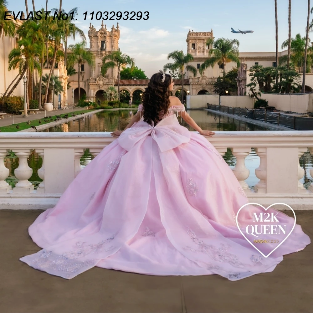 Evlast personalizado mexicano rosa quinceanera vestido de baile renda floral apliques miçangas arco doce 16 vestidos de 15 anos e1qn532
