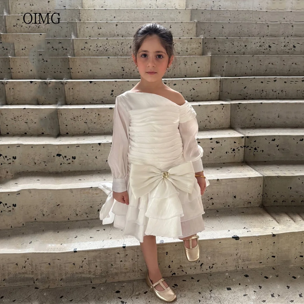 OIMG Multi-layer Off The Shoulder Flower Girl Dresses Full Sleeves Tiered Wedding Gown Knee Length Birthday Dress Customized