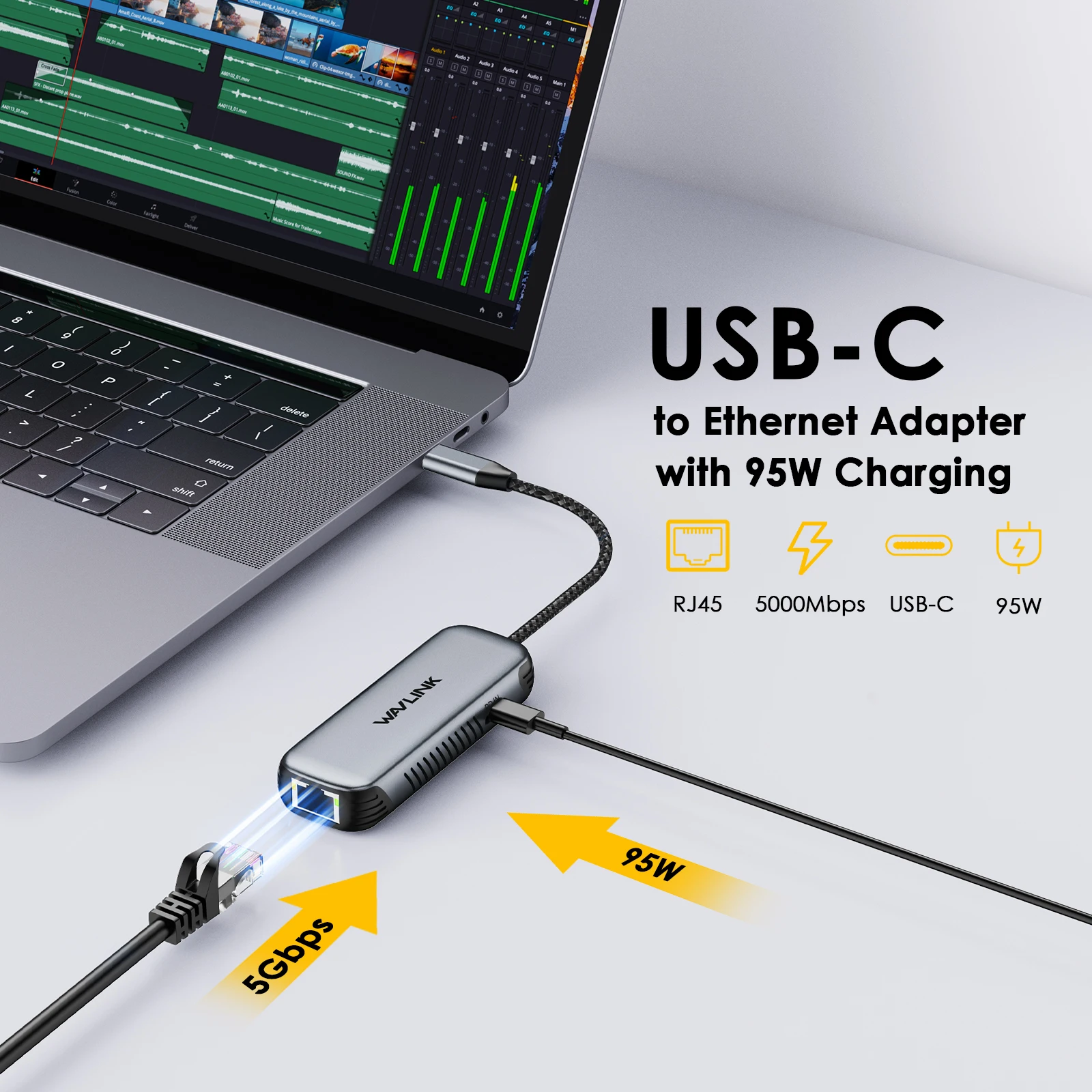 WAVLINK USB C to Ethernet Adapter with 95W Charging Port Driver-free RJ45 Ethernet Adapter 5Gbps for Laptops Computers and More