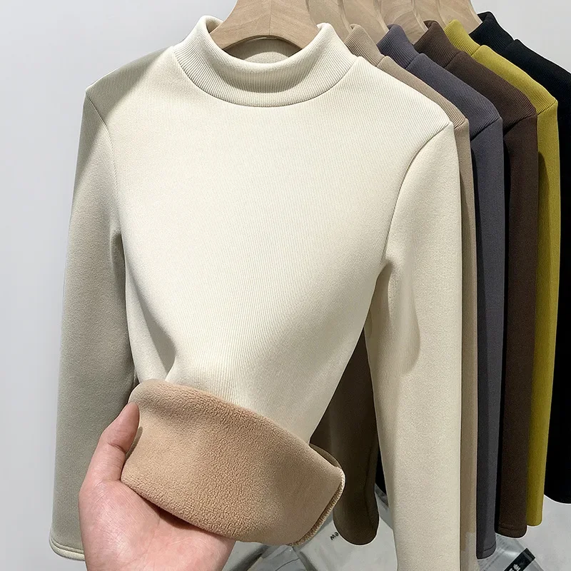 Interior Stand Up Collar Long Sleeved T-shirt, Thickened Warm Autumn and Winter Top Women Clothing  Shirts for Women