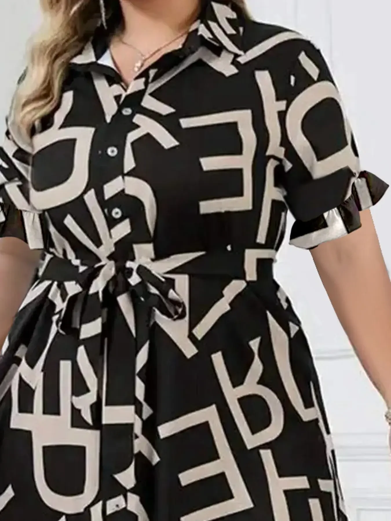 Plus Size Women\'s Button Letter Printed Dress Summer Tie Waist Fashion Long Short Sleeve Dresses