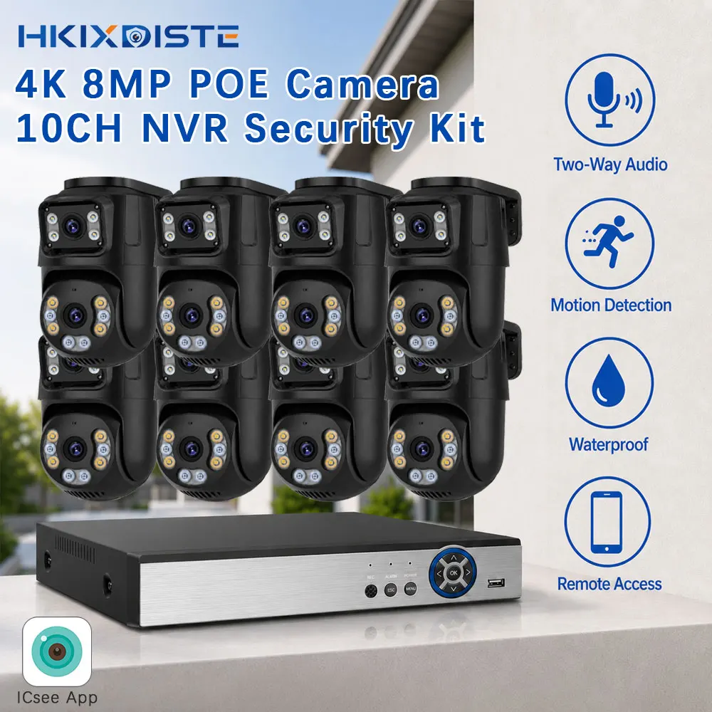 4K 8MP POE CCTV System 10CH NVR With Dual Lens Outdoor PTZ Camera Two Way Talk Motion Alert Waterproof Remote Viewing Home Kit