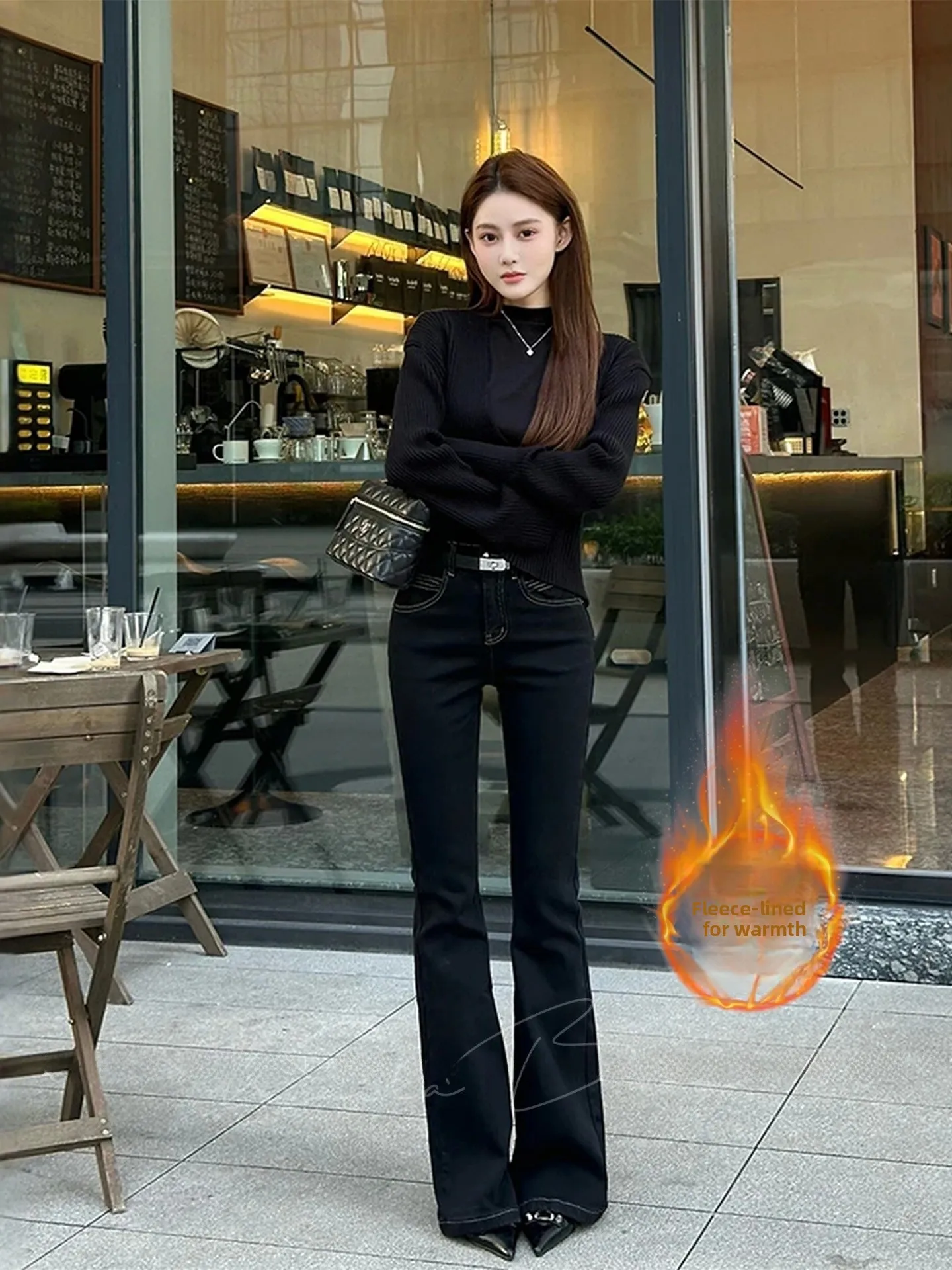 

Low Waist Fce Lined Slim Fit Micro Flared Jeans Women's Faion Simple Sle Warm Cotton Stretch Denim Pants Autumn Season