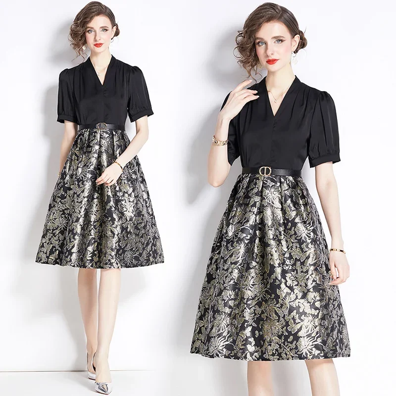 

New French Luxury Puffed Sleeve V-neck Stitching Fake Two Jacquard A-line Group Short Sleeve Dress Butterfly Skirt