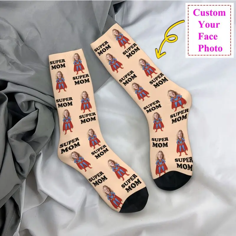 Super Mom Custom Mens Crew Socks Unisex Fun Personalized Face Photo Print Spring Summer Autumn Winter Dress Socks