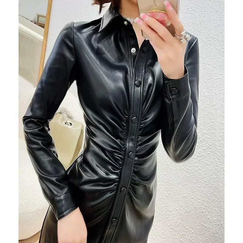 High Quality Plus Size 2024 Fall Winter New Fashion Women Flocking Long Sleeve Button Folds Pu Faux Leather Slim Black Dress