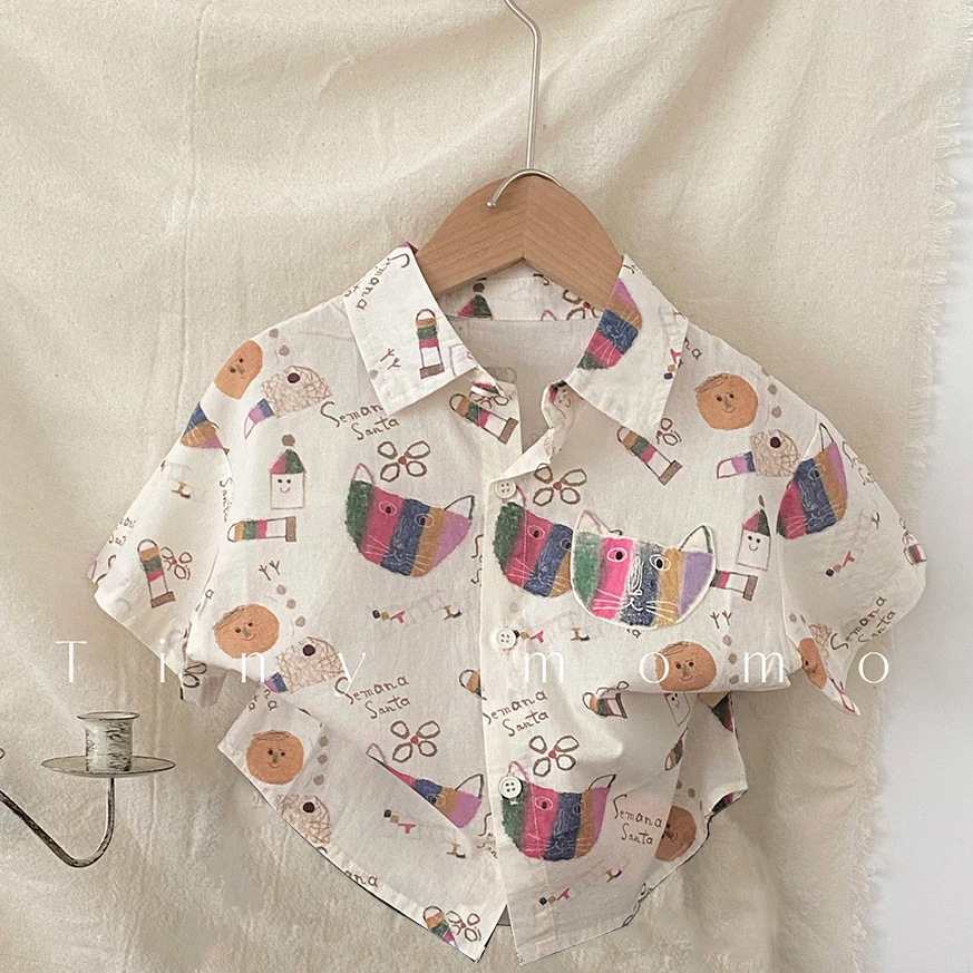 Summer Kids Shirts 2-5T Cartoon Graffiti Girls Blouse Full Print Cat Letter Children Clothes Ventilate Boys Handsome Tops