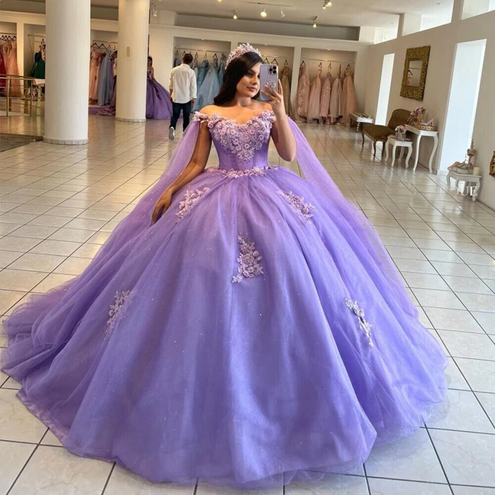 

ANGELSBRIDEP Lilac Ball Gowns Quinceanera Dresses With Cape Wrap Shiny Formal Birthday Party Princess Dress Vestidos De 15 Anos