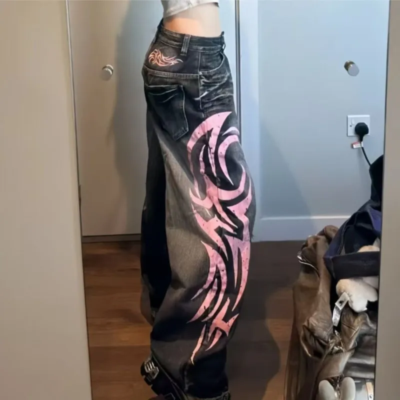 Y2K Aesthetics Goth Vintage Mottled Totem Print Baggy Jeans Women High Waist Wide Leg Jeans Women's Harajuku Punk Hip-Hop Jeans