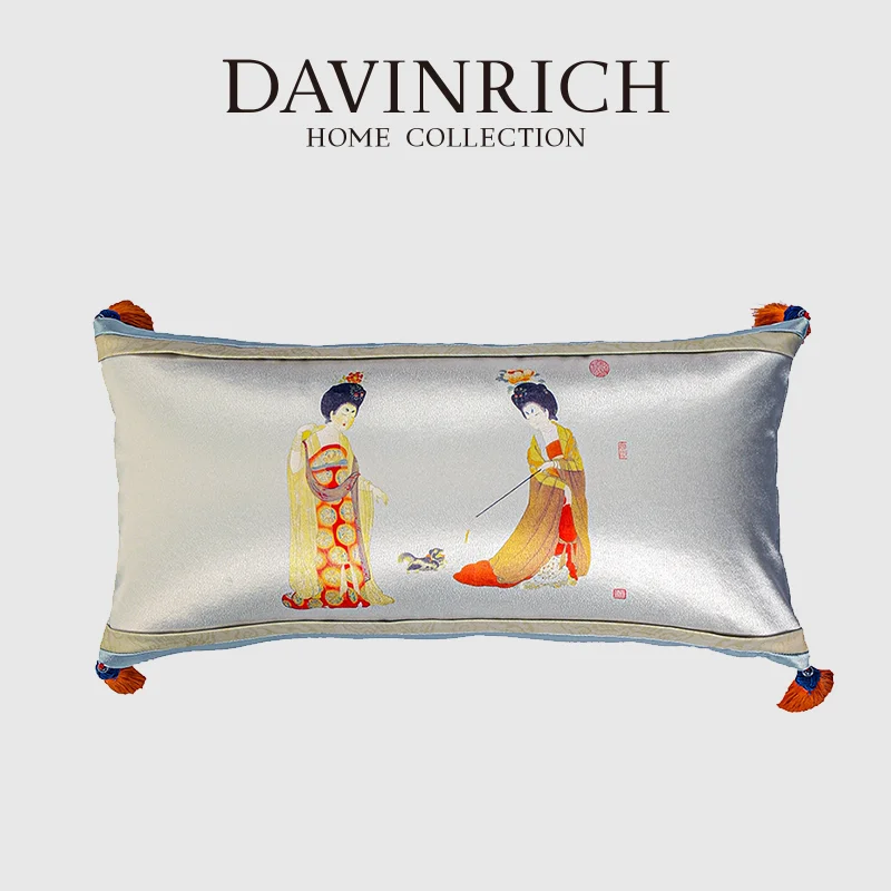 DAVINRICH Oriental Silky Decorative Lumbar Pillow Cover Shells Tang Dynasty Ladies With Head Pinned Flowers Cushion Case 30x50cm