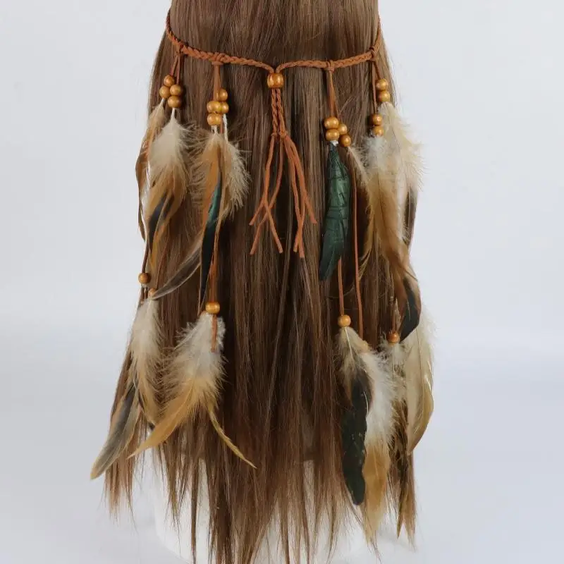 Synthetic Braided Cord Boho Feather Headpiece Vibrant Orange Plumage Multi-strand Design Tribal Hair Extension
