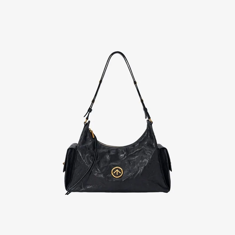 

GROTTO Fashion Black Sheepskin Commute Crossbody Bag Women's Solid Color Vintage Metal Ornament Outer Pocket Single-shoulder Bag