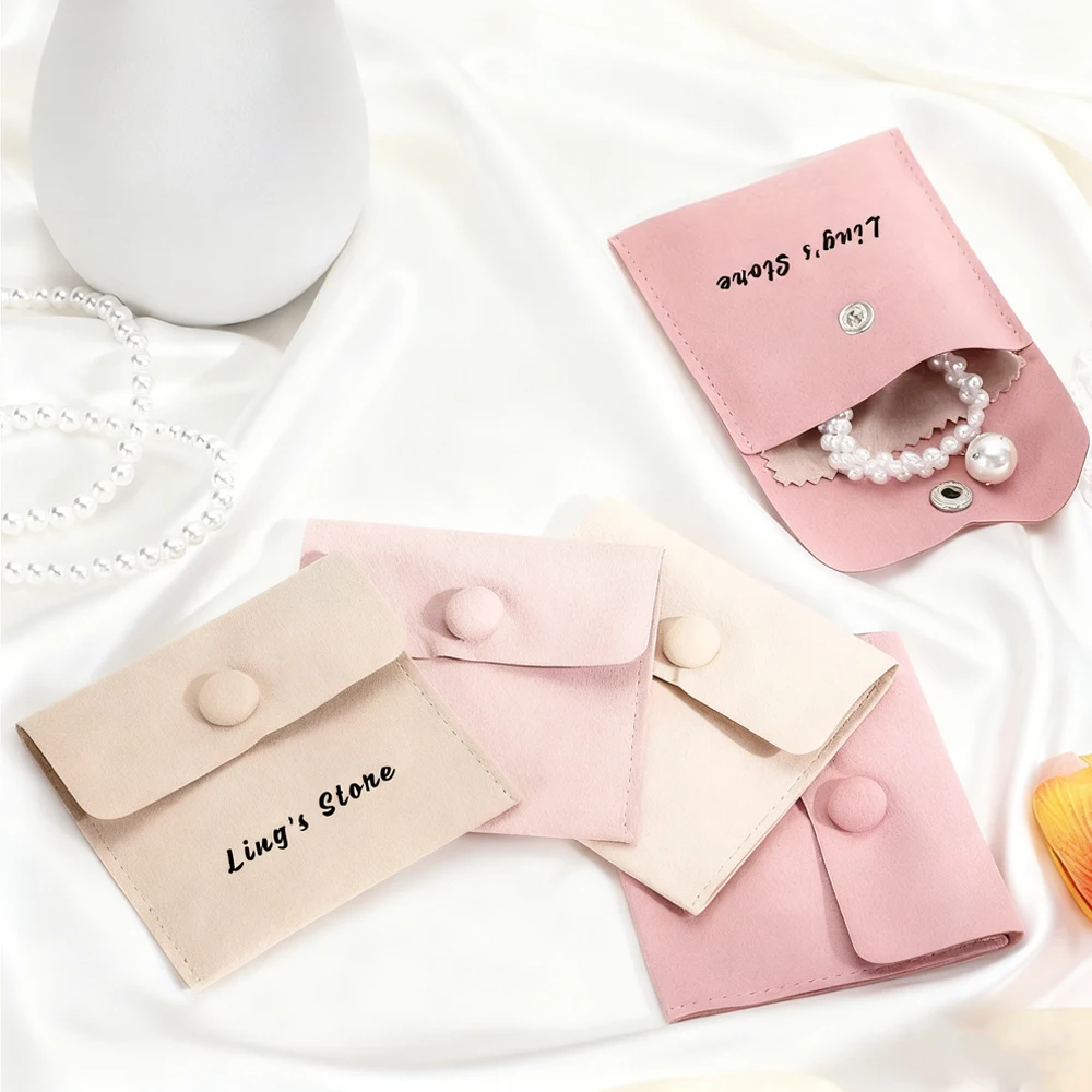 24/50/100Set Custom Logo 8x8cm Microfiber Snap Jewelry Bags Earrings Rings Key Storage Pouch With Polishing Cloth Wedding Favors