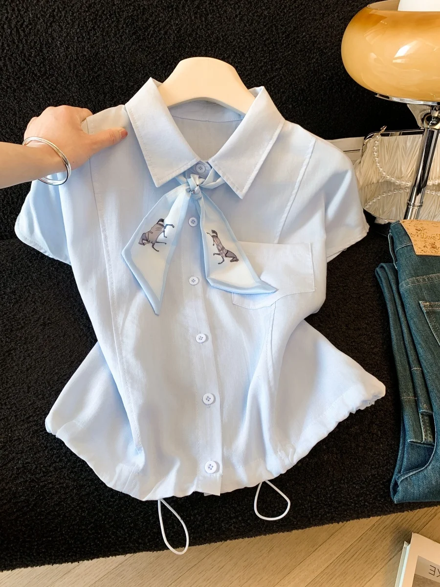 

Blue Neck Silk Scarf Tied Short Sleeve Shirt Women Summer New Design Drawstring Slimming Commute Top Korean Style Straig...