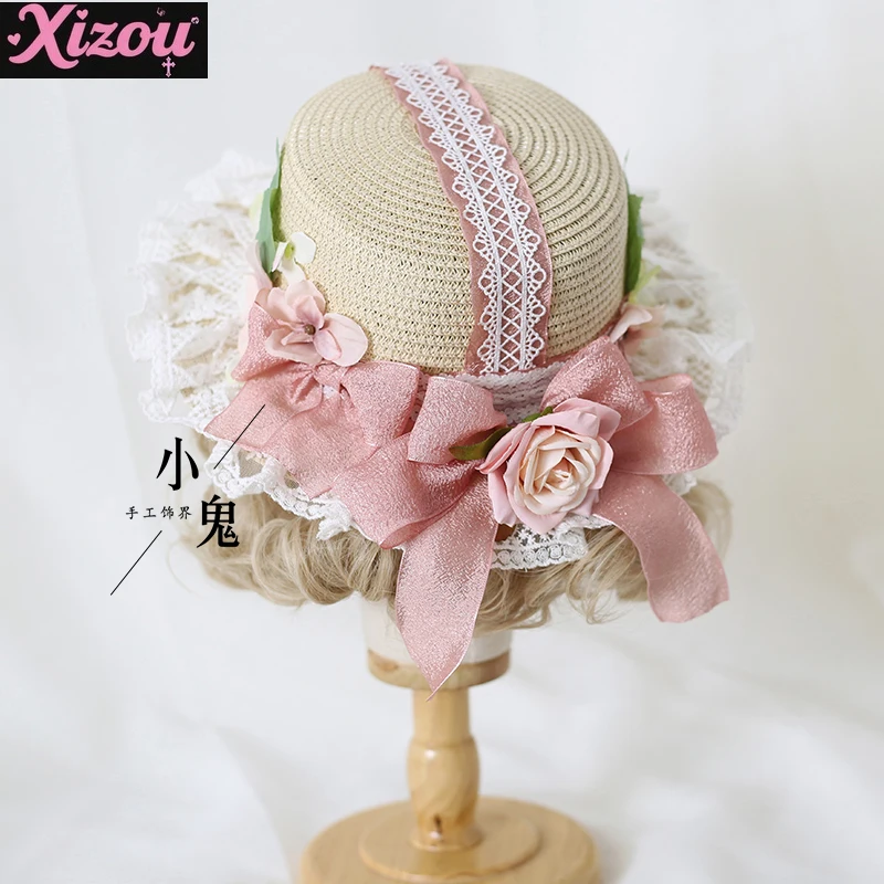 Original Lolita Handmade Multi-color Big Butterfly Flower Straw Hat for Women Mori Literary Retro Vacation Flower Sun Hat Female