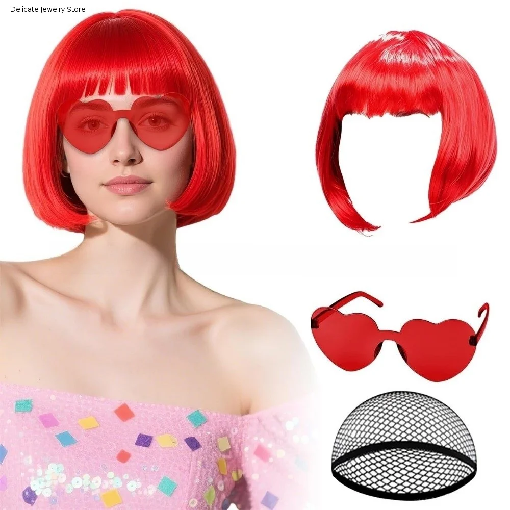 3Pcs Colorful Short Bob Hair Wig Christmas Party Cosplay Wig Set Halloween with Hairnet and Glasses Role-playing Short Hair Wig
