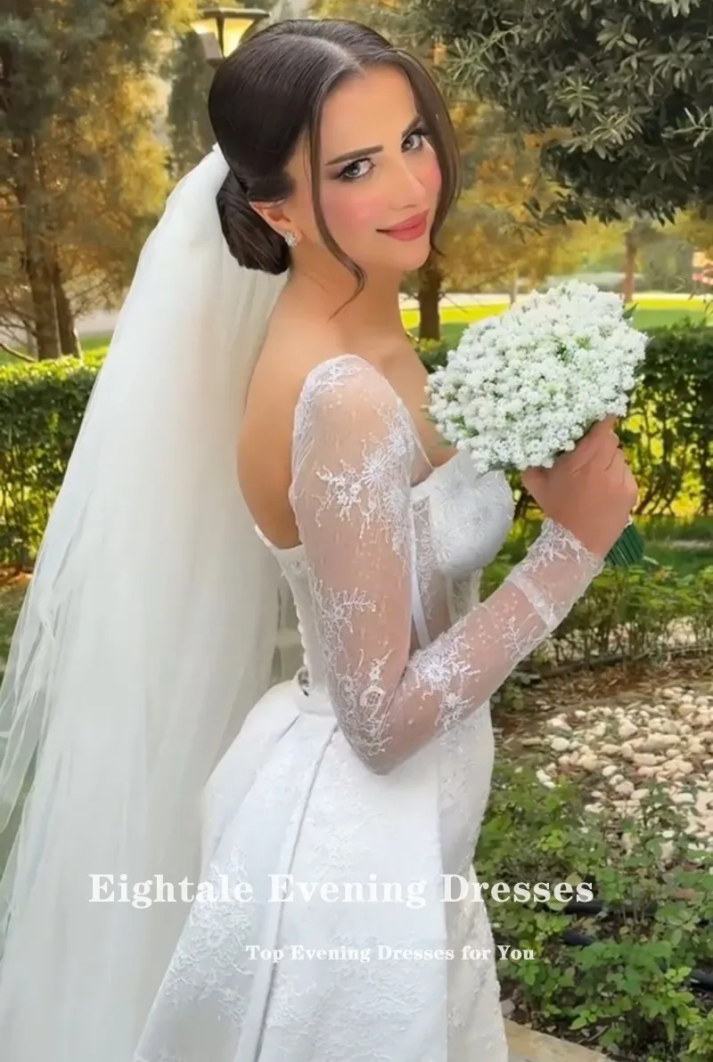 Abiti da sposa arabi Eighale maniche lunghe Sweetheart pizzo sirena bianco avorio raso corte strascico abiti da sposa personalizzati