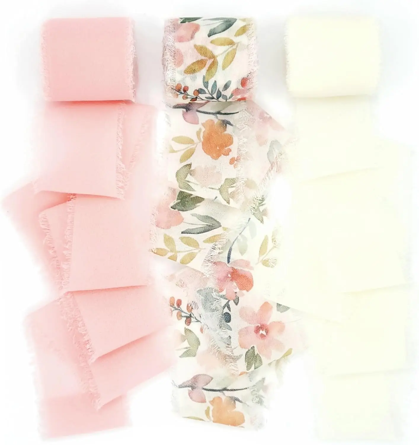 Mischen Sie 3 Rollen, 5 m, bedruckte Blumen, ausgefranstem Satin, handgefertigtes Chiffonband für Hochzeitseinladung, Blumenstrauß, Geburtsparty, DIY, Dezember, Geschenk – Detail 2