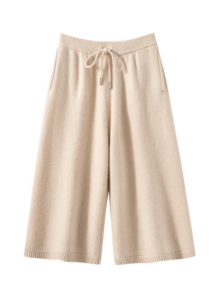 TLOML New Women 100% Cashmere Knit Pant Calf-length Pants Autumn Winter Chic Thick Wide Leg Pants Cashmere Knitwear Casual Style