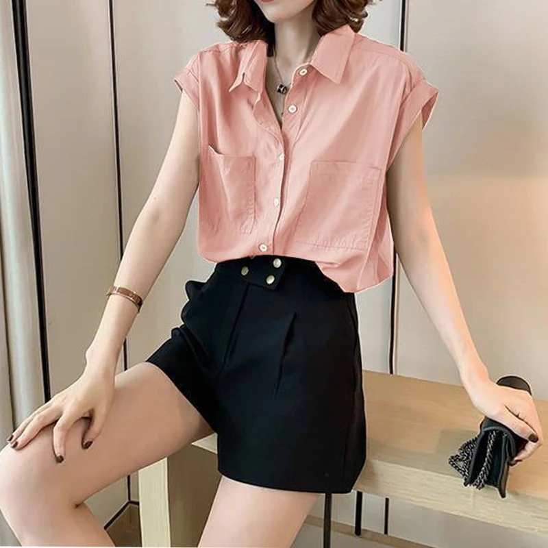 Kantoor Dame Knoop Patchwork Blouse Zomer Nieuwe Polo Hals Korte Mouw Effen Kleur Losse Shirt Tops Mode Elegante Vrouwen Kleding