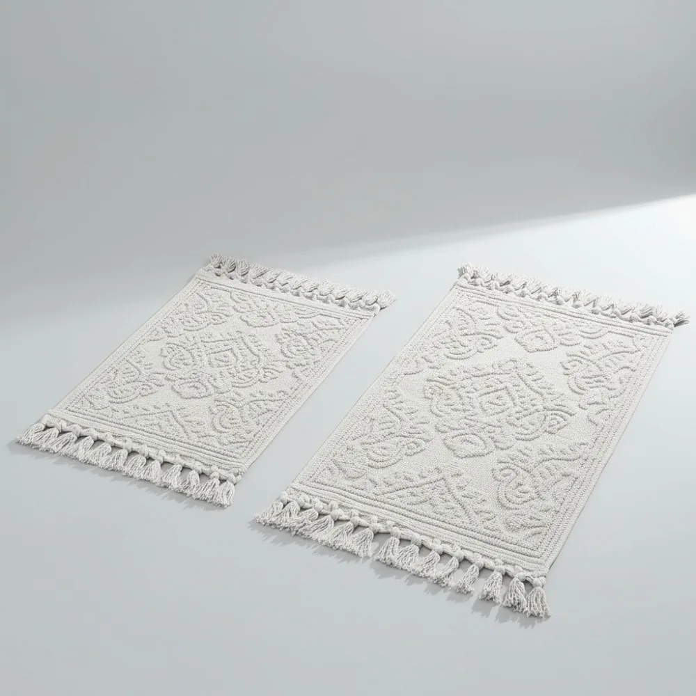 

Bohemian Bath Mats Set of 2, 100% Cotton Woven Fringe Rugs, Super Soft & Absorbent for Modern Bathroom Decor