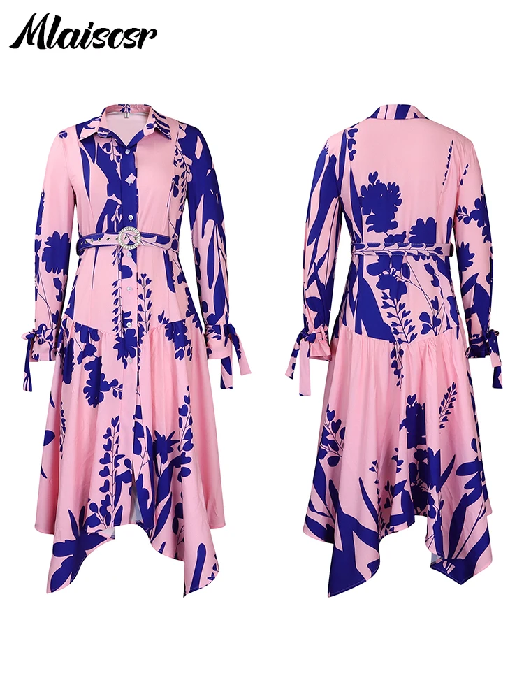 Eleganckie sukienki plażowe w stylu boho z nadrukiem Mlaiscsr z paskiem, damskie afrykańskie jesienne sukienki z kołnierzykiem, długim rękawem i asymetrycznym dołem, idealne na urodziny.