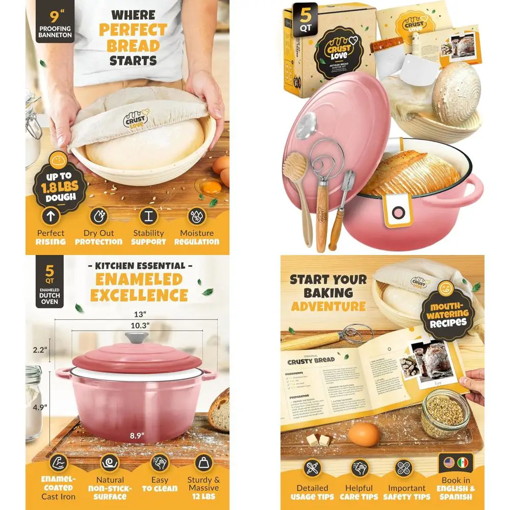 

Enameled Cast Iron Dutch Oven, 5QT, with Lid, Banneton, Lame for Sourdough Bread Baking