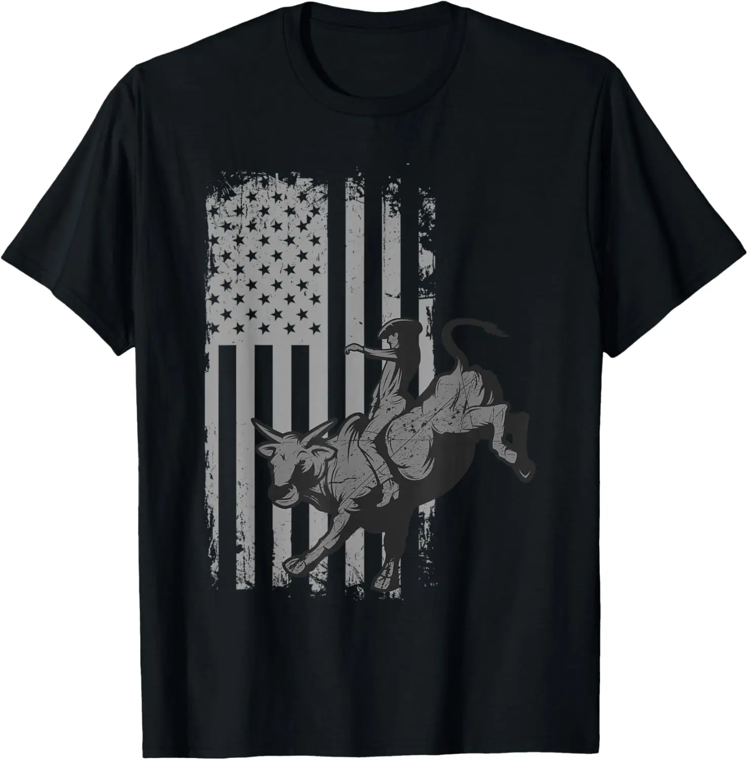 Vintage American Flag Bucking Bull Riding Patriotism Rodeo T-Shirt Small 100% Cotton Trendy Y2K Short-Sleeve Tee – Soft,