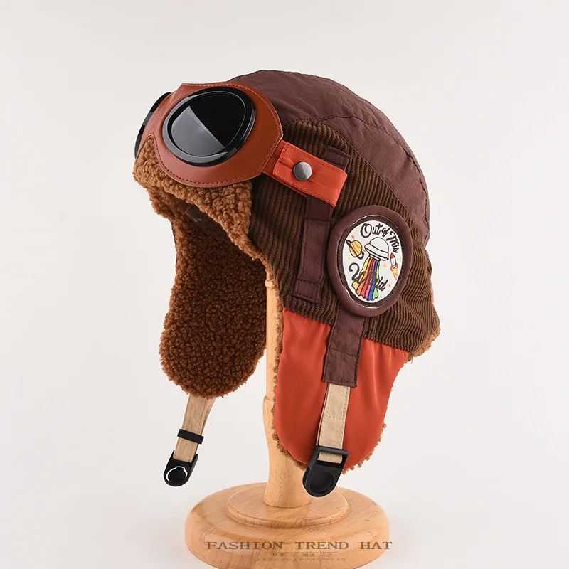 Men Women Ear Protection Warm Plush Pilot Hat Cute with Glasses  Earflap Hat Windproof Thickened Soft  Splicing Lei Feng hats