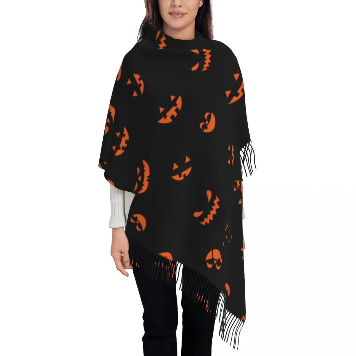 Women's Scarf with Tassel Happy Halloween Single-sided Pattern Winter Fall Shawl and Wrap Pumpkin Terror Gifts Cashmere Scarf