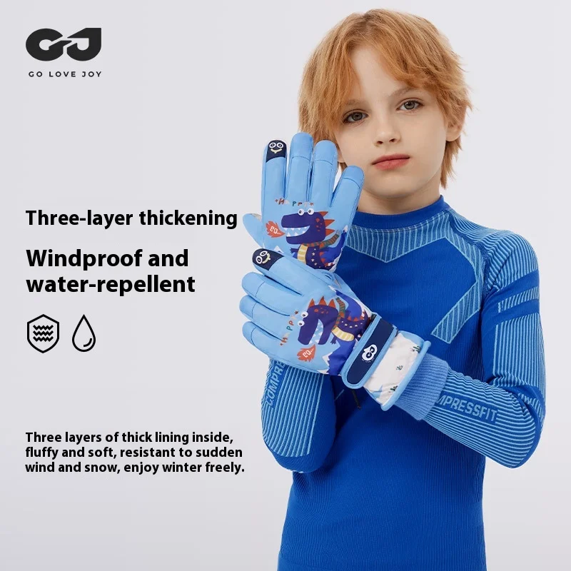 

DRST23 зимние детские лыжные перчатки для мальчиков и девочек, уличные утолщенные ветрозащитные теплые перчатки с мультяшным экраном на флисовой подкладке