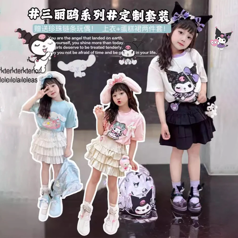 Anime Kawaii Cinnamoroll Kuromi Melody Girl's Set Sanrio Kidscartoon Summer Korean Style Fashion Blue Sequin T-Shirt Cake Skirt