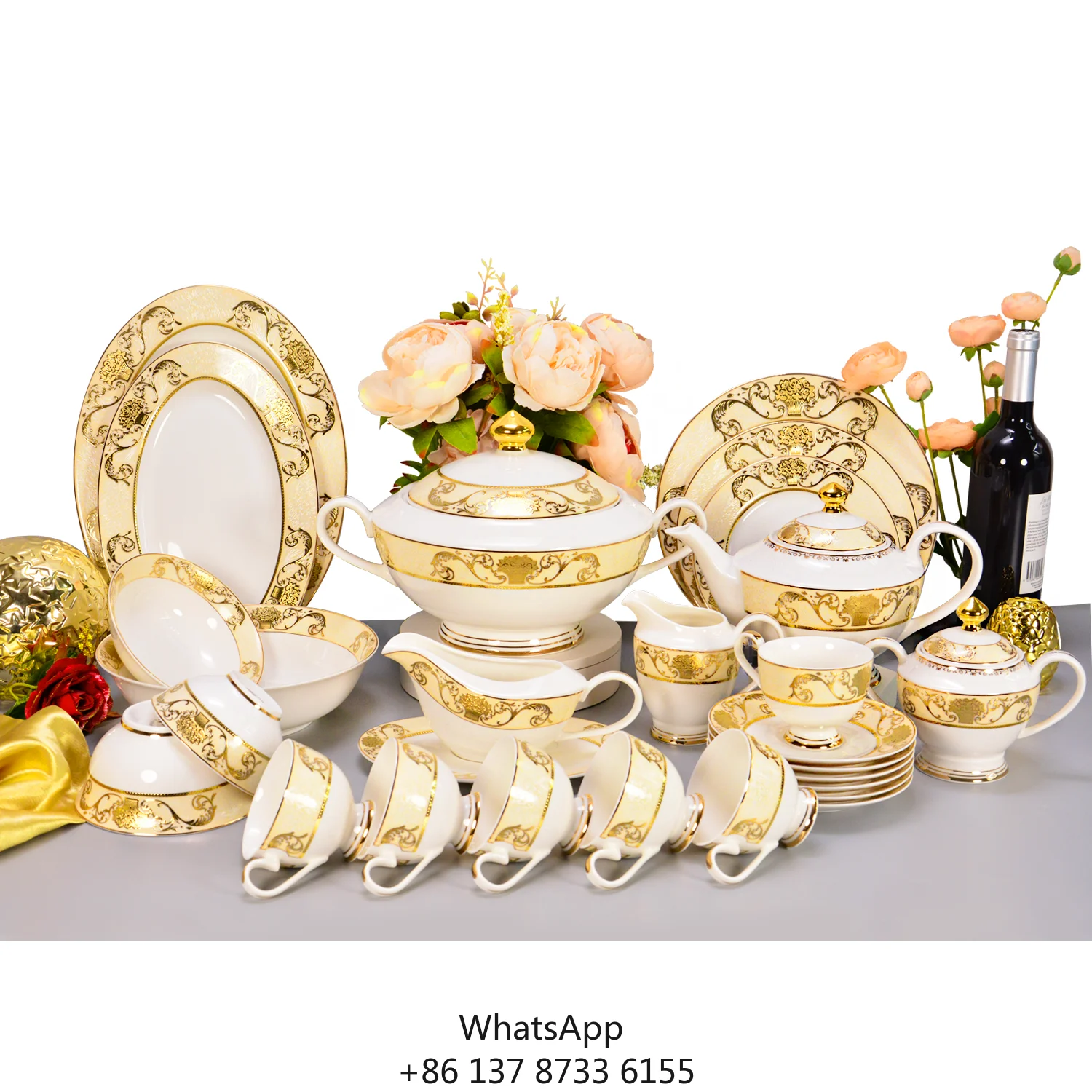 

98pcs Luxury Embossed Gold Tableware Royal Style Dishwasher Safe Bone China Dinnerware Porcelain Dinner Sets