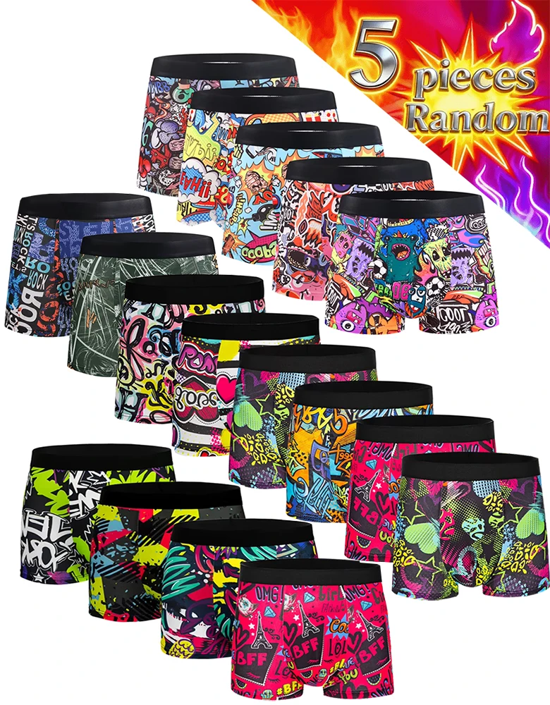 5PCS Random Men's Breathable Boxer Underwear with Colorful Graffiti Patterns Elastic Waistband Trendy and Fashionable Underwear