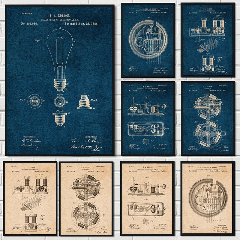 Vintage Thomas Edison Dynamo/lampa elektryczna Patent szkic plakat inżynier płótno malarstwo drukuje zdjęcia ścienny dekoracje do domowego biura