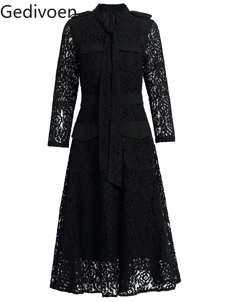 Gedivoen Summer Fashion Runway New Designer Office Lady Style Department Leader Solid Lace-up Mature Lace Dress