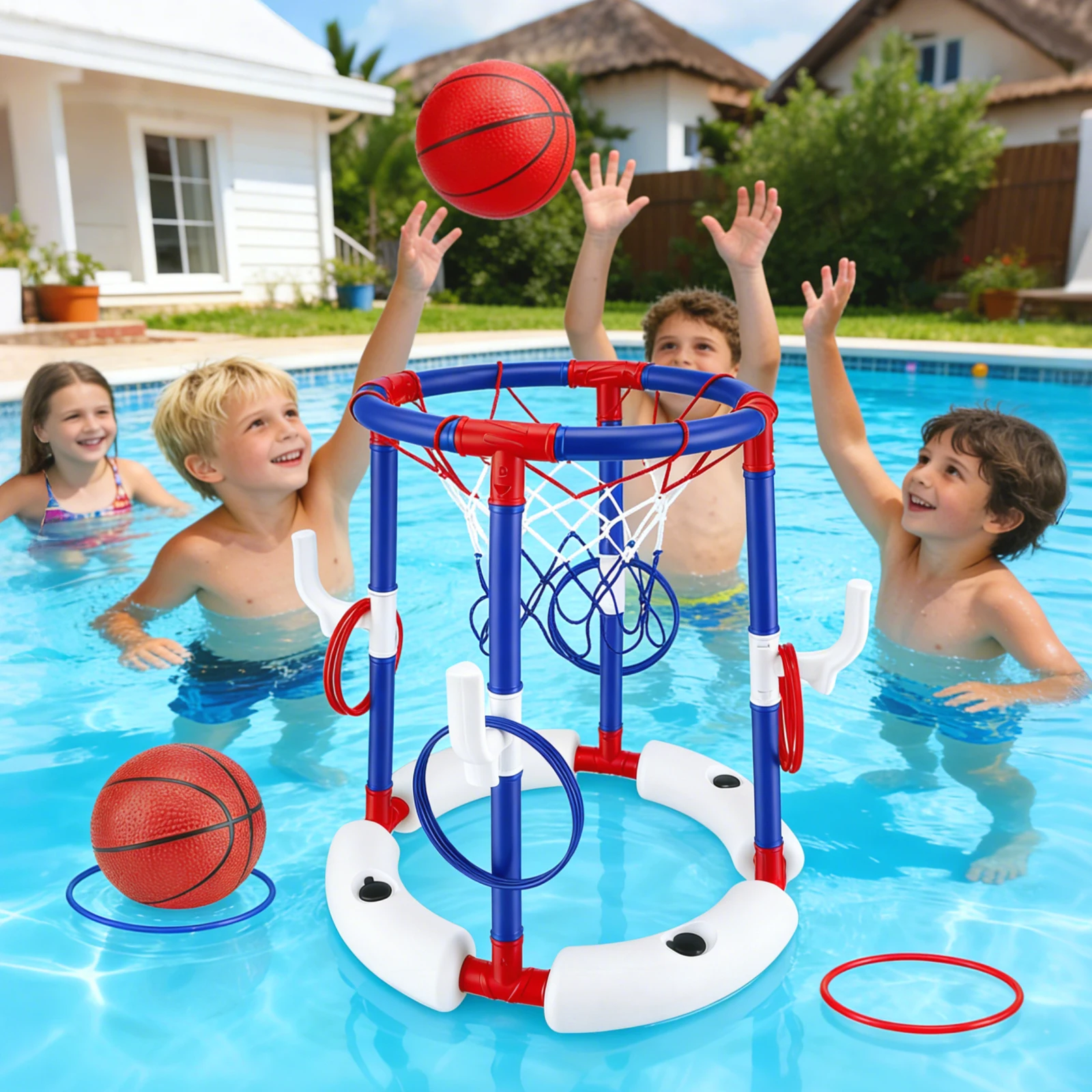 Juego de Baloncesto y Aro para Piscina 2 en 1 con 4 Pelotas, 12 Anillos + Bomba, Juegos de Verano para Piscina al Aire Libre para Niños