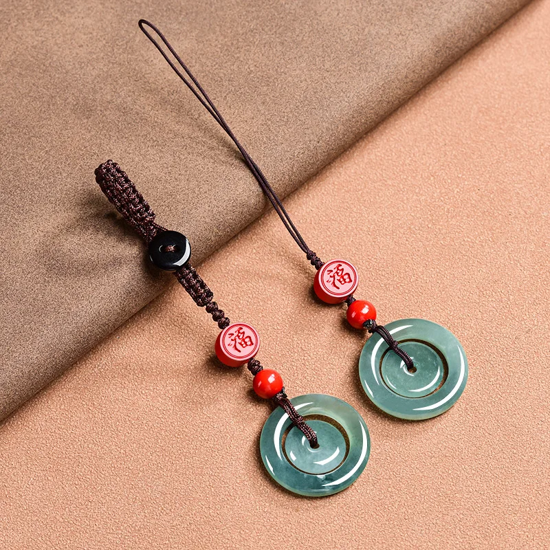 

Natural A-Quality Blue Jade iPhone Keychain Chinese Style Car Key Ring Bag Pendant Handmade Jewelry Gifts Drop Shipping