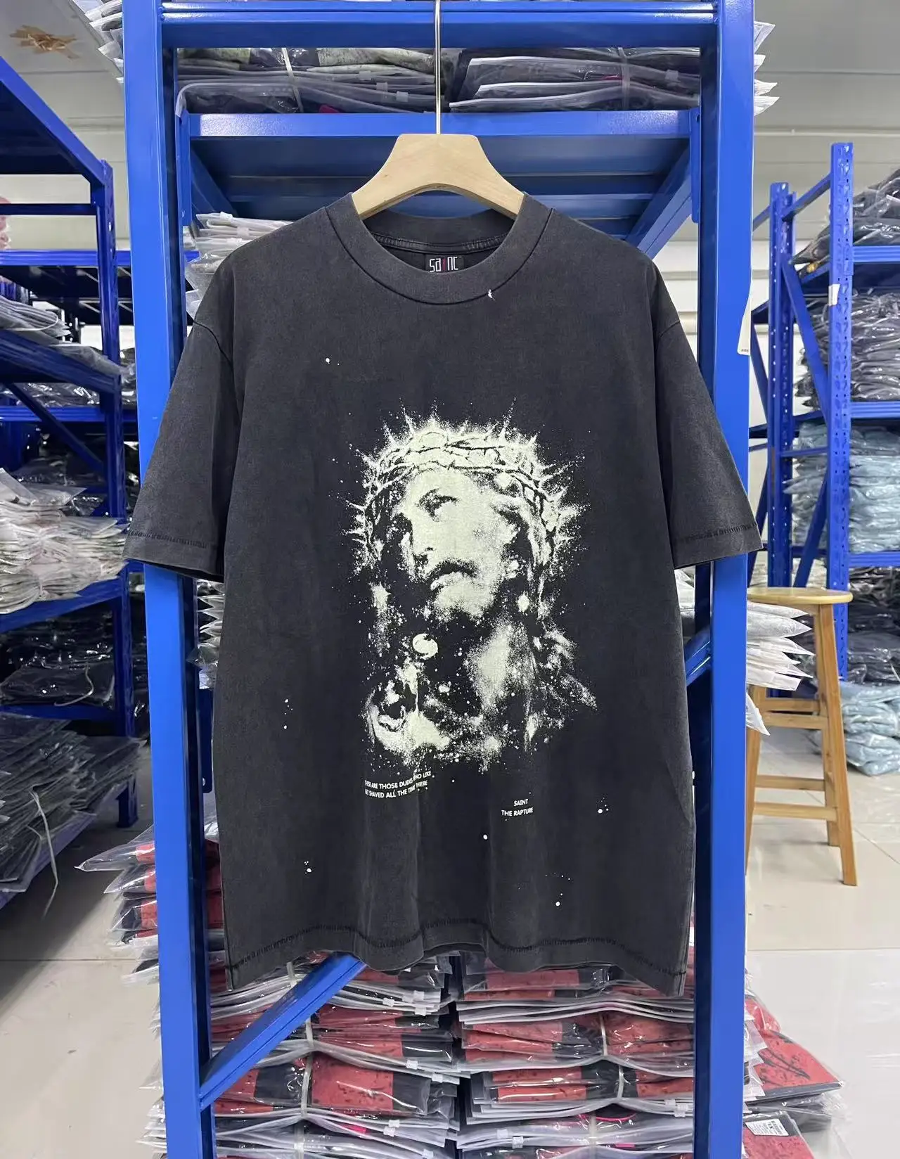 High Quality Saint Dark Light Color Change Printed Washed Vintage Short Sleeve High Street Casual Loose Cotton Oversize T-shirt
